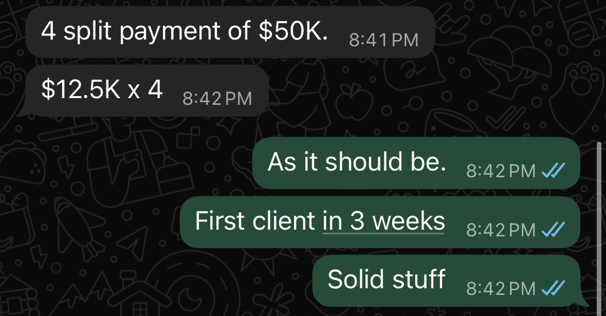 Client message confirming a $50,000 split payment