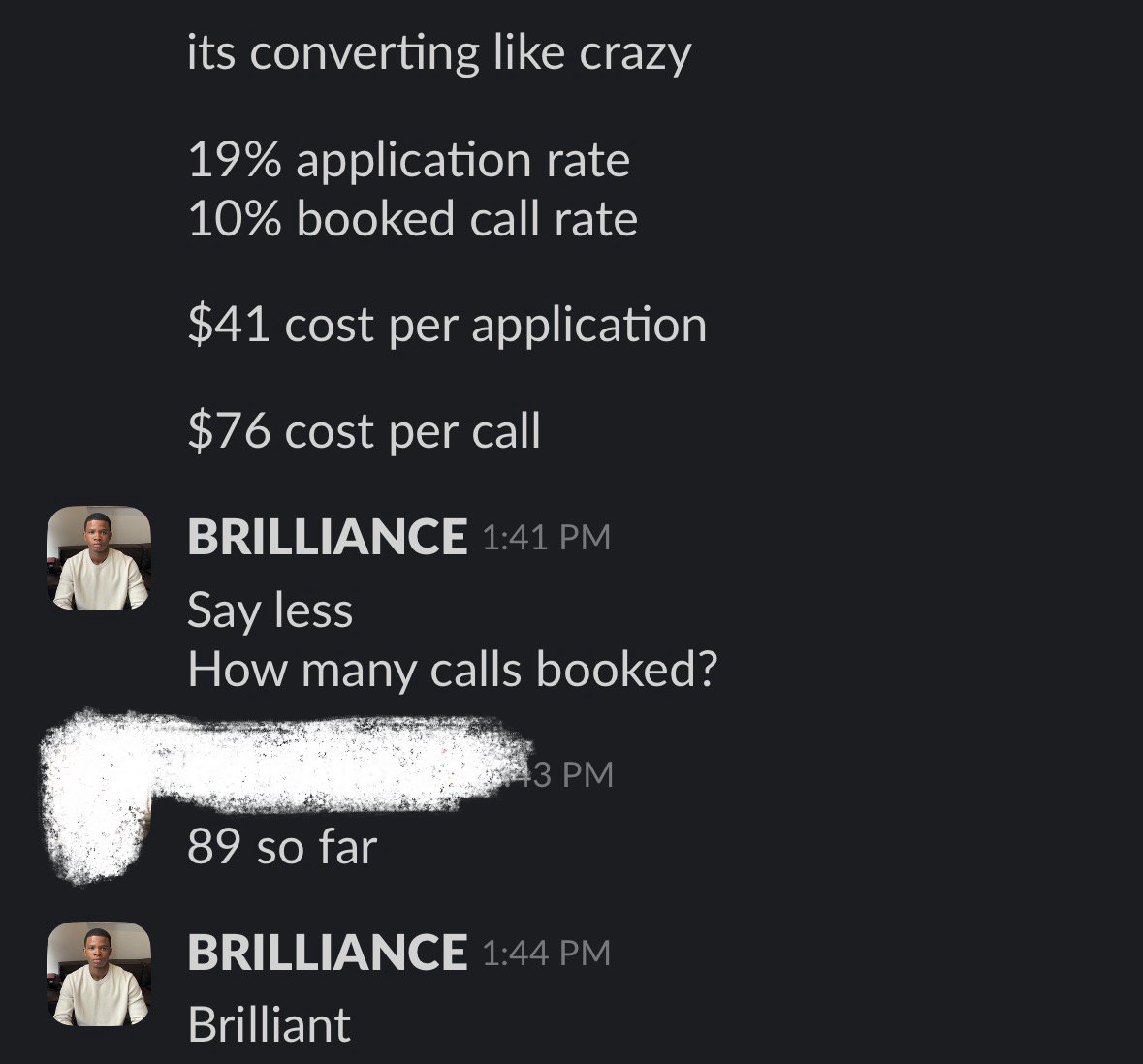 Client report showing 89 calls at $76 cost per call
