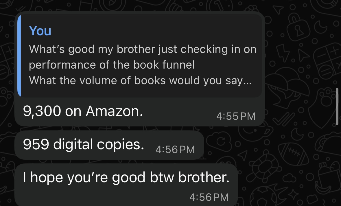 Client message reporting more than 10,000 book sales