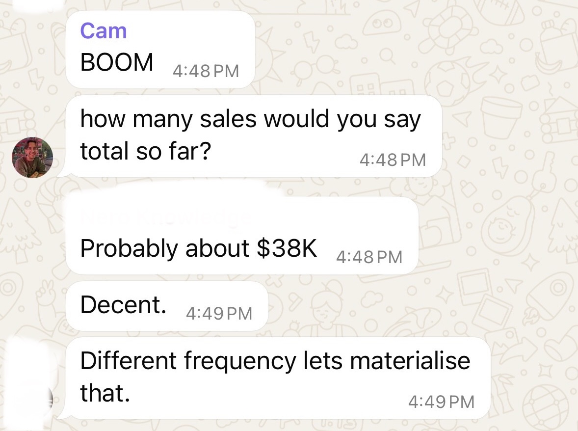 Client message reporting approximately $38,000 in sales