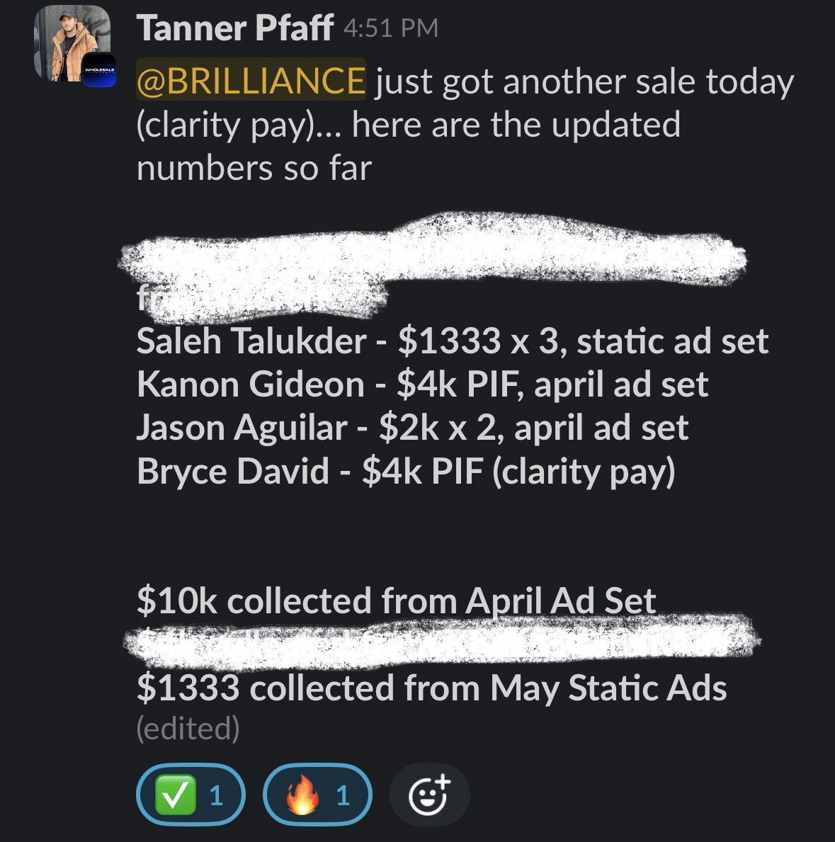 Tanner Pfaff sharing updated sales results